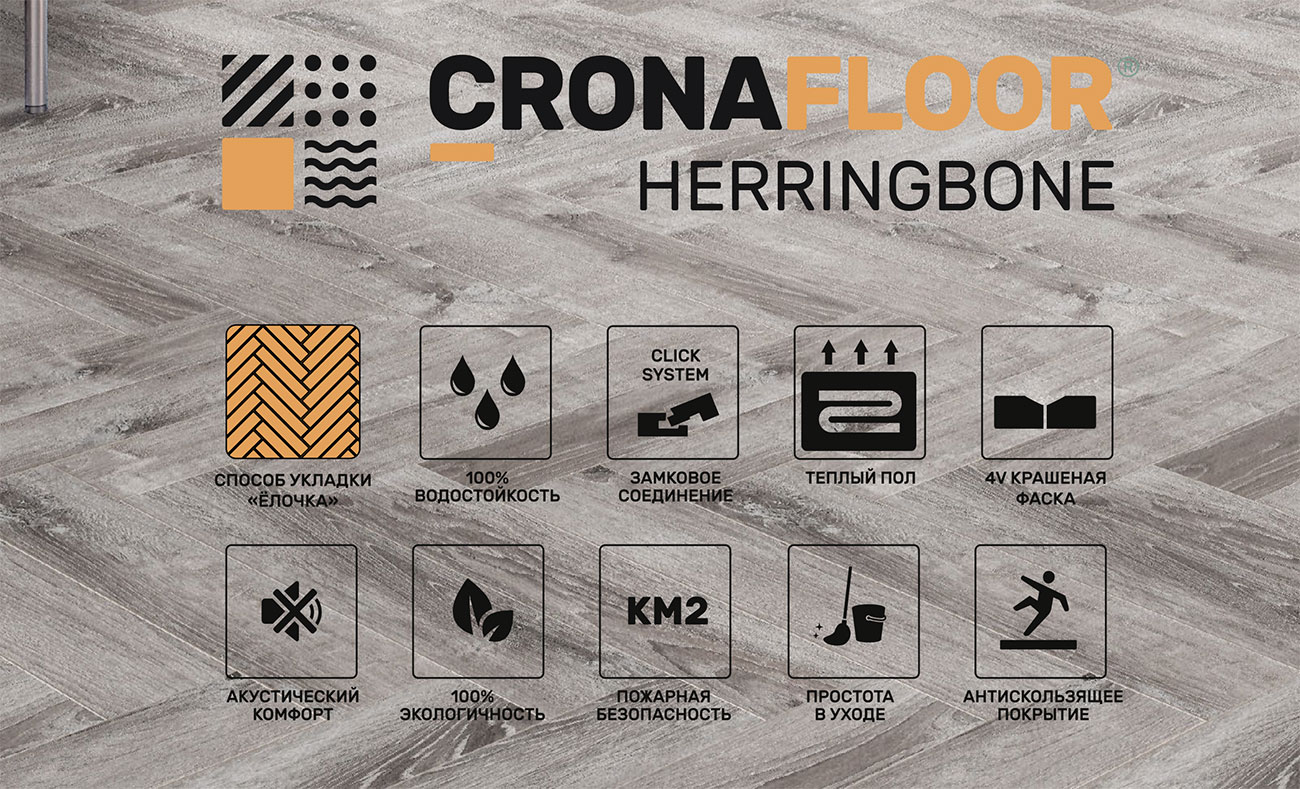 SPC кварцвиниловая плитка CronaFloor Herringbone характеристики